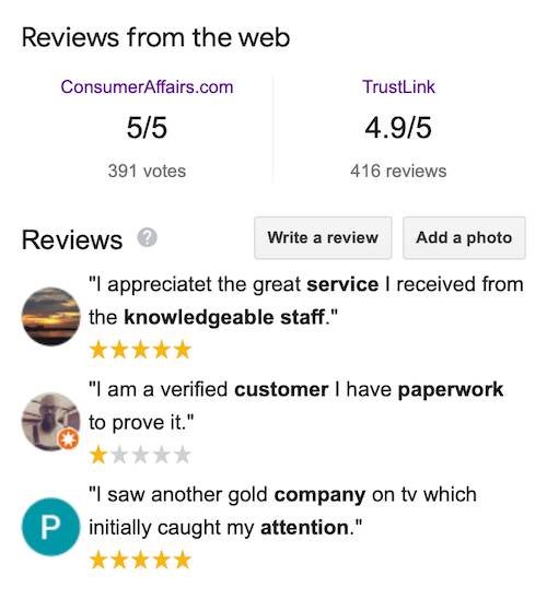 Advantage Gold Google positive reviews