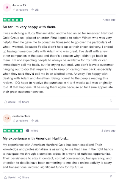 American Hartford Gold Trustpilot Reviews and Rating