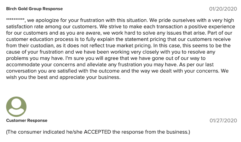 Birch Gold Group BBB company response 1-20-2020