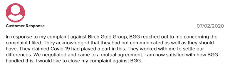 Birch Gold Group BBB customer response 07-02-2020