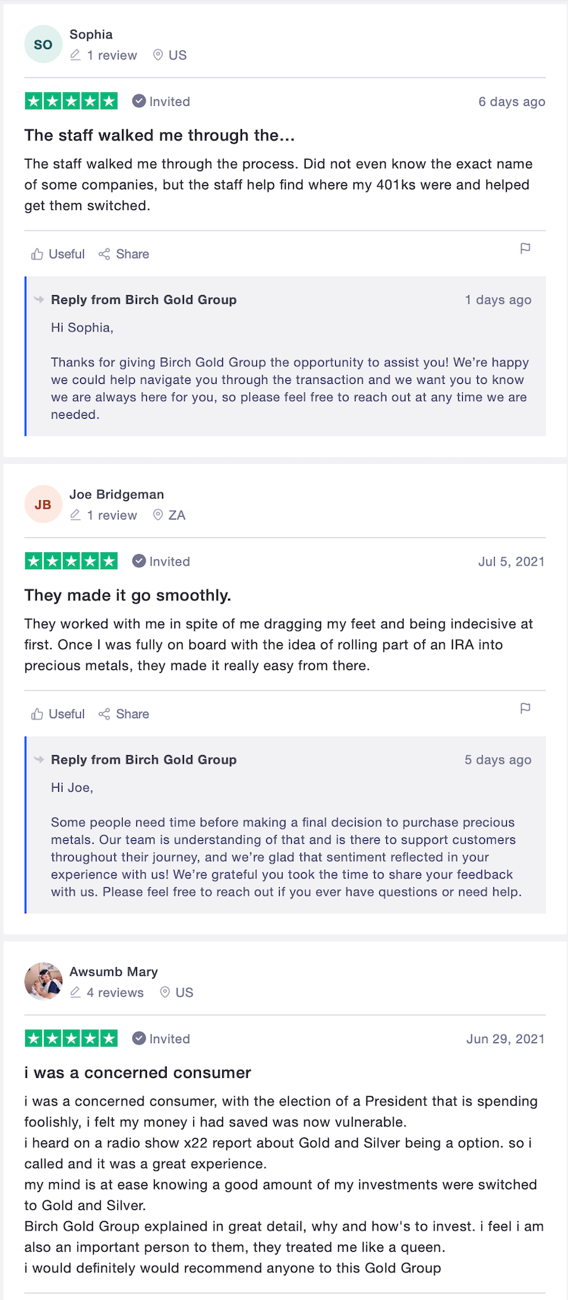 Birch Gold Group Trustpilot Positive Reviews